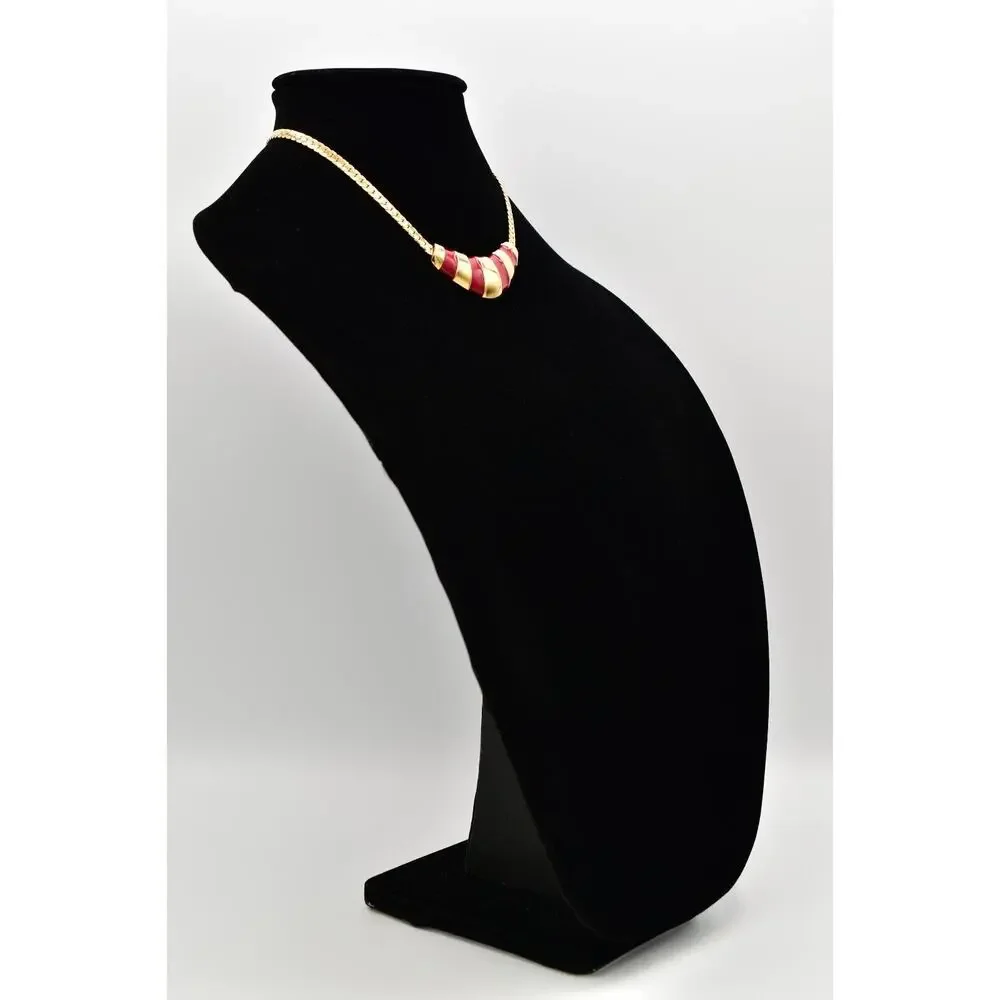 Napier Vintage Collar Necklace Red Enamel Gold Herringbone Chain Signed BinA17